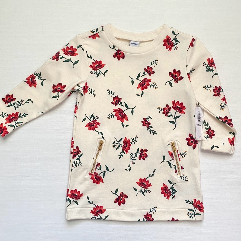 NWT Old Navy 12-18 Months Cream with Red Floral Pattern Sweatshirt Tunic/Dress
